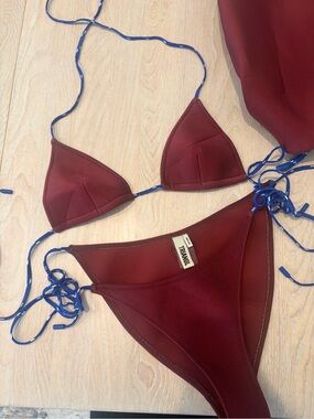 triangl swimwear Burgundy Triangle Bikini with Blue Tie Strings